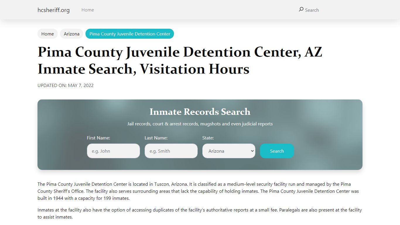 Pima County Juvenile Detention Center, AZ Inmate Search ...